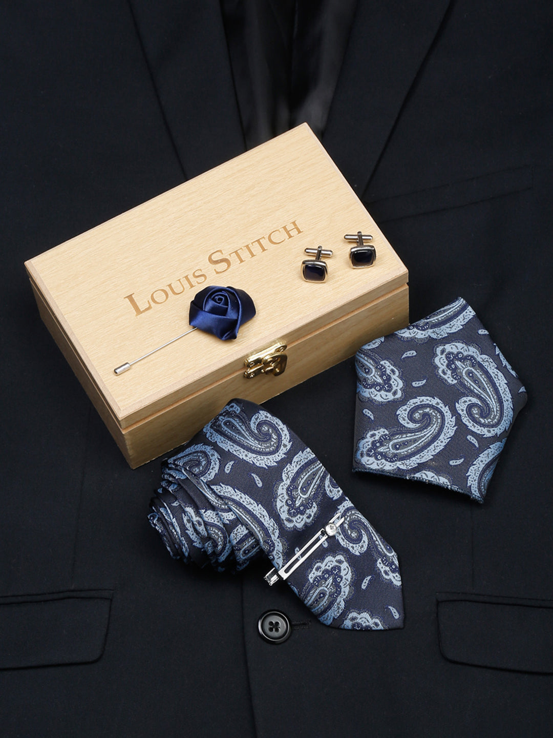 Turquoise Blue Luxury Italian Silk Necktie Set With Pocket Square Cufflinks Brooch Chrome Tie pin