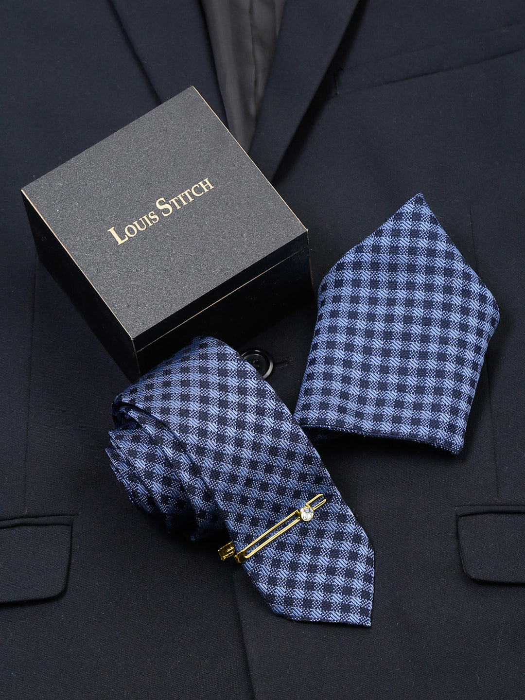 Space Blue Luxury Italian Silk Necktie Set With Pocket Square Gold Tie pin