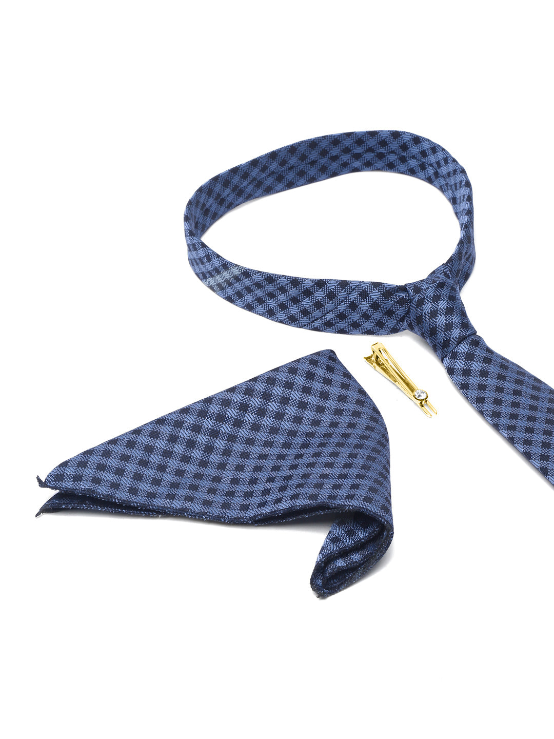 Space Blue Luxury Italian Silk Necktie Set With Pocket Square Gold Tie pin