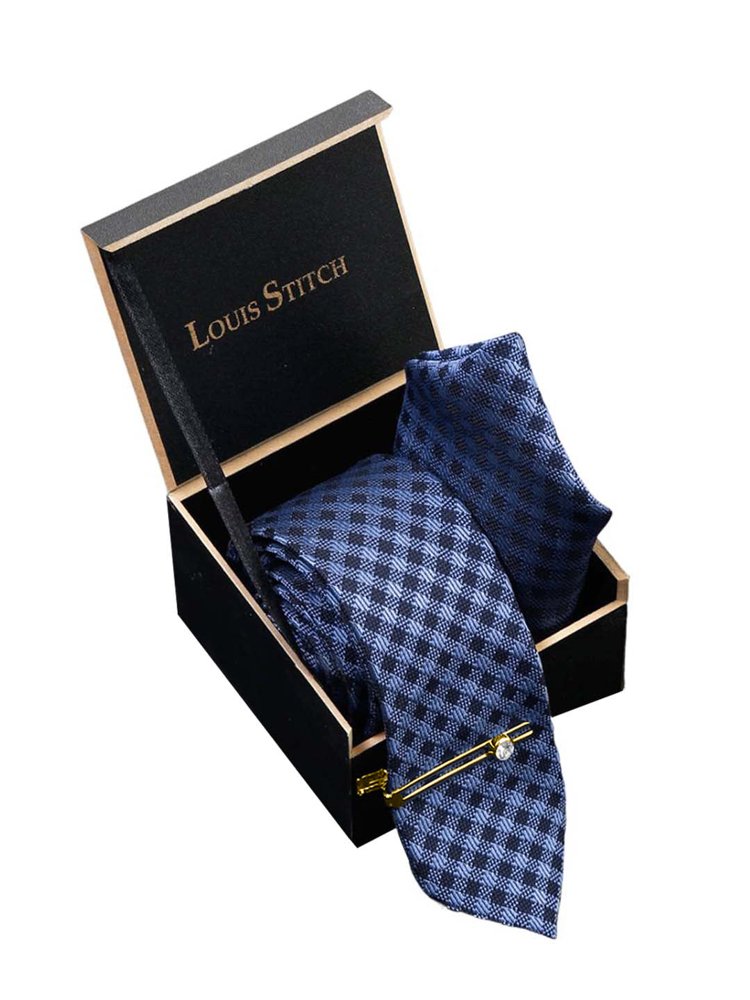 Space Blue Luxury Italian Silk Necktie Set With Pocket Square Gold Tie pin