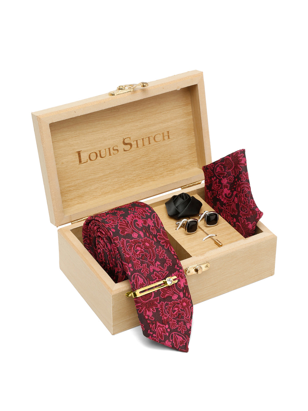 Burgundy Luxury Italian Silk Necktie Set With Pocket Square Cufflinks Brooch Gold Tie pin