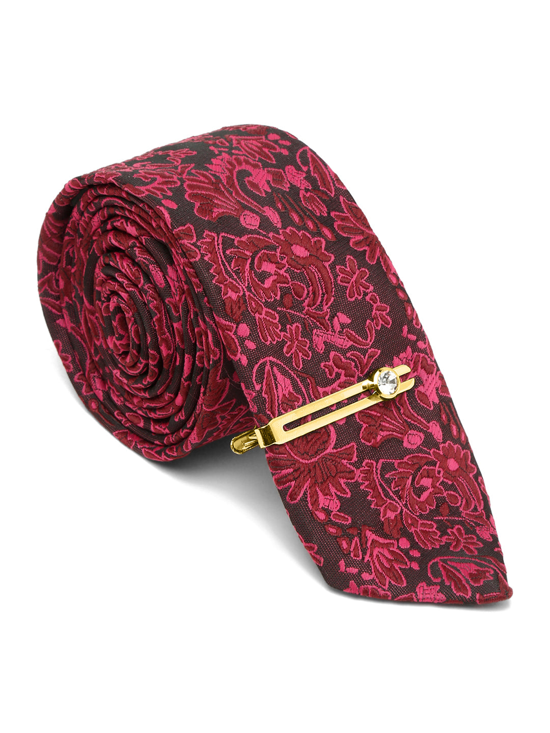 Burgundy Luxury Italian Silk Necktie Set With Pocket Square Cufflinks Brooch Gold Tie pin