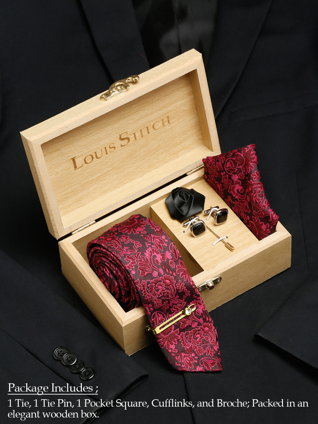 Burgundy Luxury Italian Silk Necktie Set With Pocket Square Cufflinks Brooch Gold Tie pin