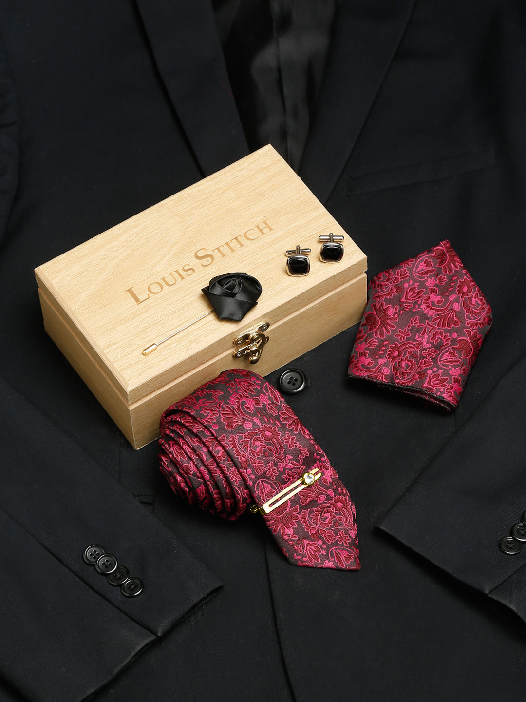 Burgundy Luxury Italian Silk Necktie Set With Pocket Square Cufflinks Brooch Gold Tie pin