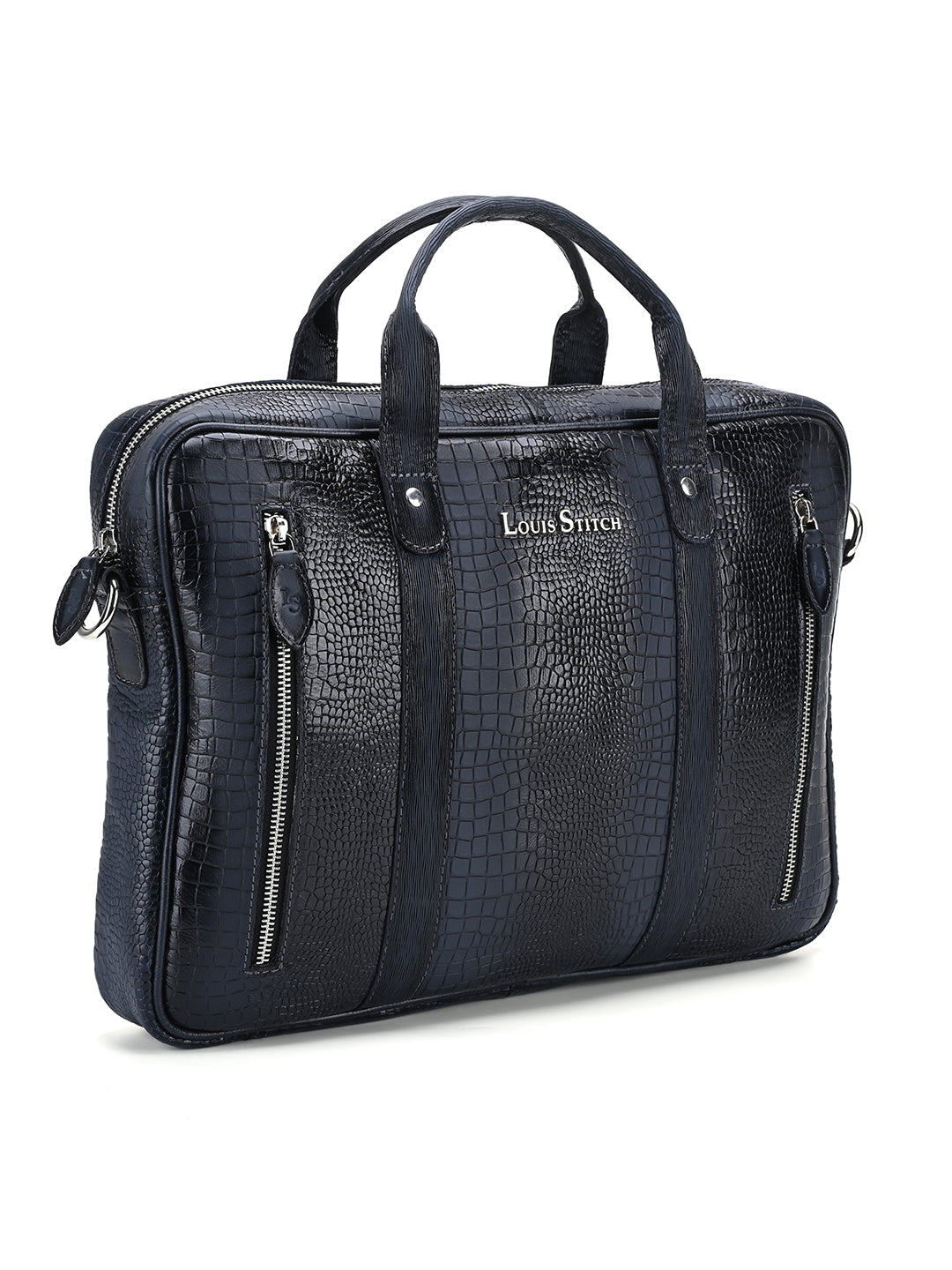 Men's Blue Italian Leather Dual Tone Laptop Bag with Shoulder Strap