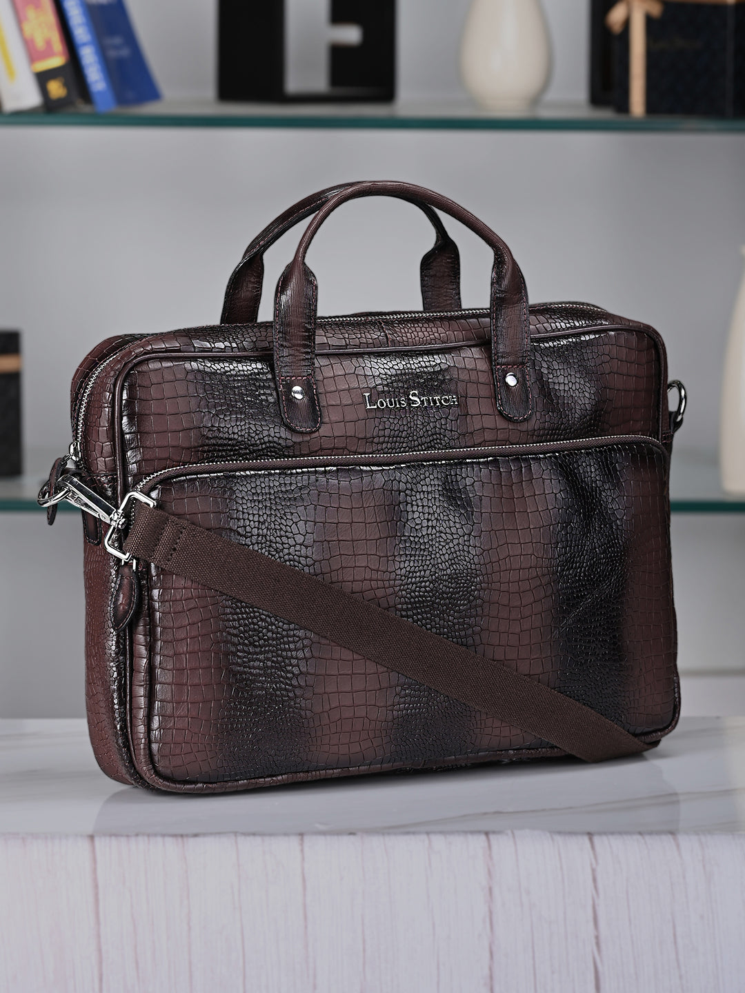 Men's Brown Italian Leather Dual Tone Laptop Bag with Shoulder Strap