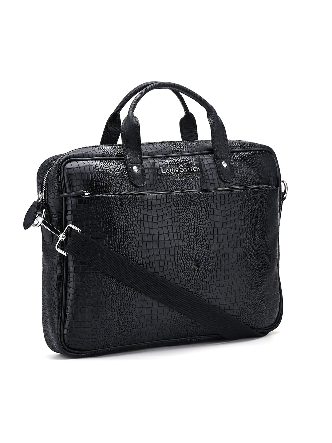 Men's Black Italian Leather Dual Tone Laptop Bag with Shoulder Strap