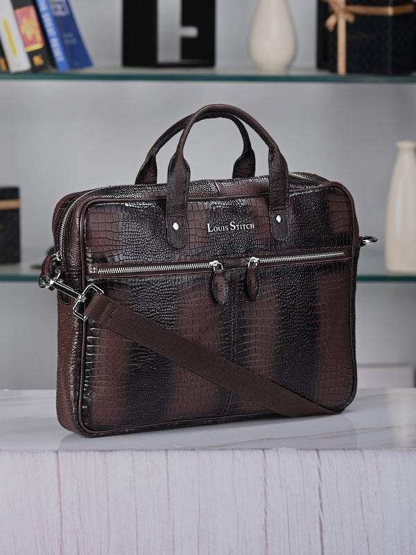 Men's Brown Italian Leather Dual Tone Laptop Bag with Shoulder Strap