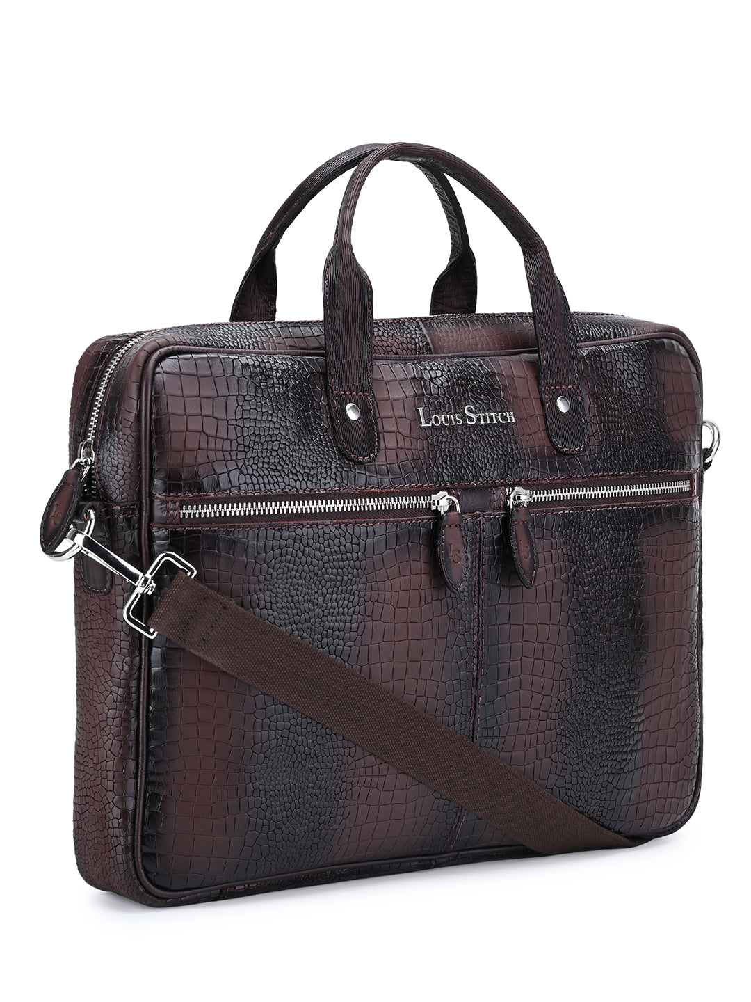 Men's Brown Italian Leather Dual Tone Laptop Bag with Shoulder Strap