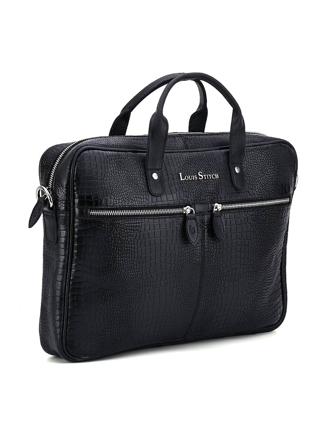 Men's Black Italian Leather Dual Tone Laptop Bag with Shoulder Strap