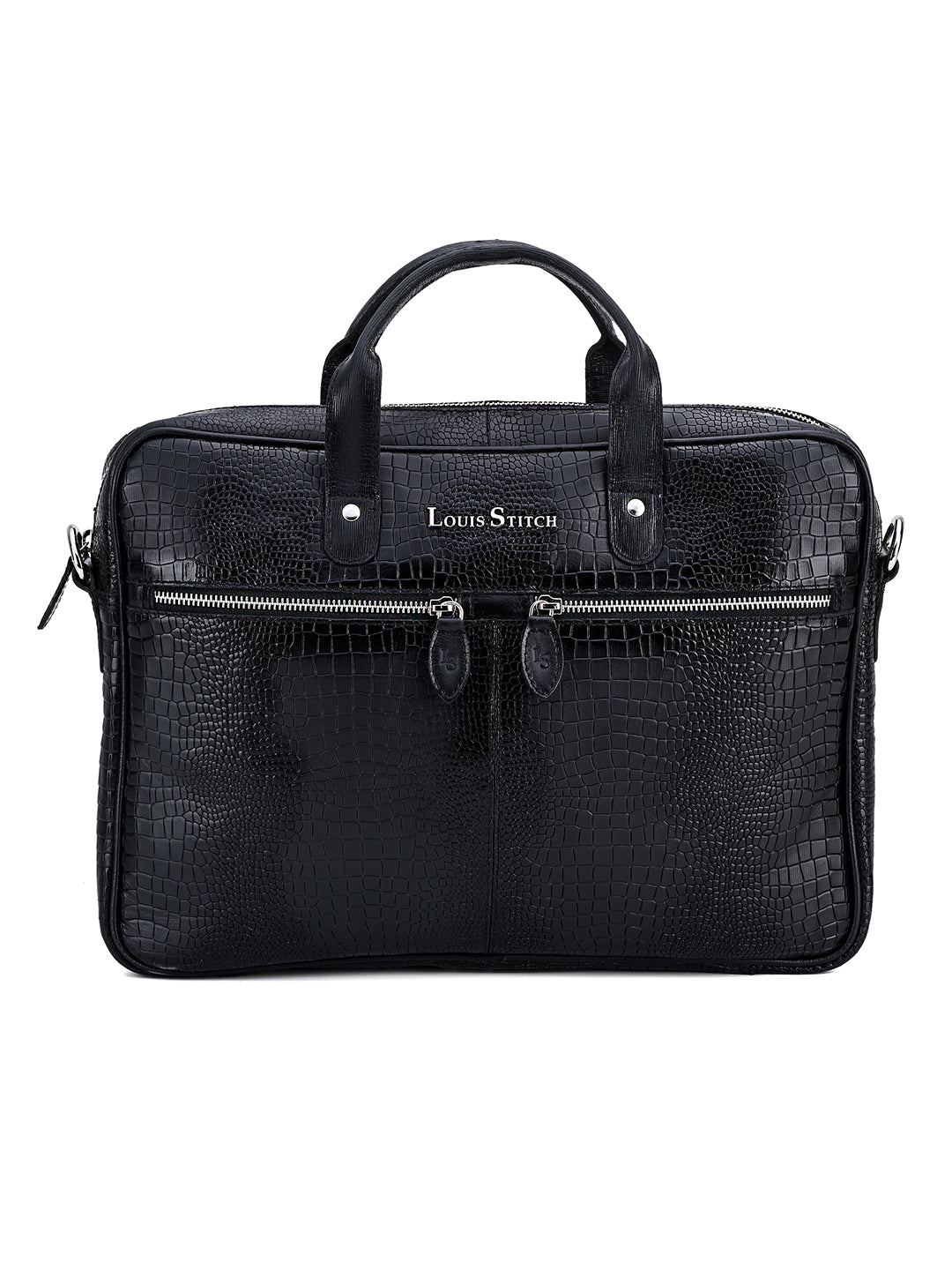 Men's Black Italian Leather Dual Tone Laptop Bag with Shoulder Strap