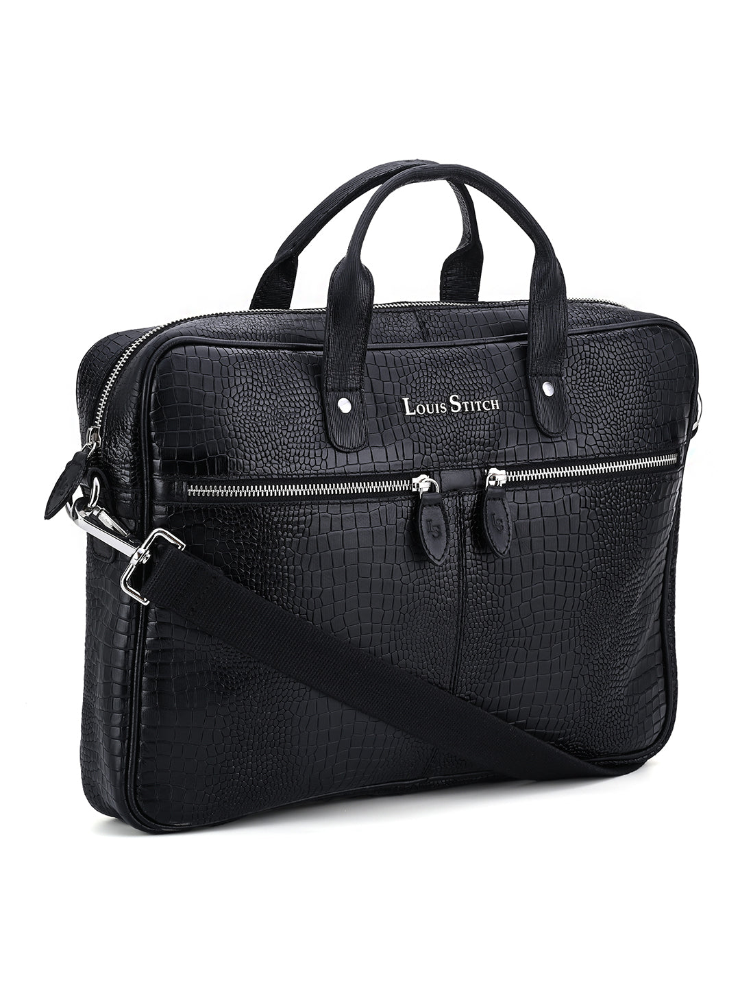 Men's Black Italian Leather Dual Tone Laptop Bag with Shoulder Strap