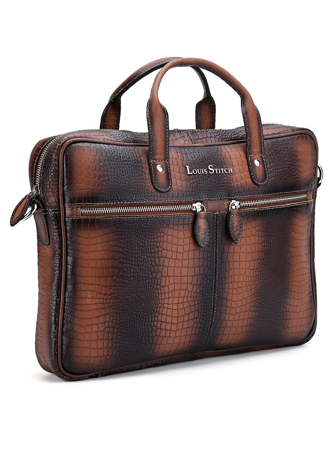 Men's Tan Italian Leather Dual Tone Laptop Bag with Shoulder Strap