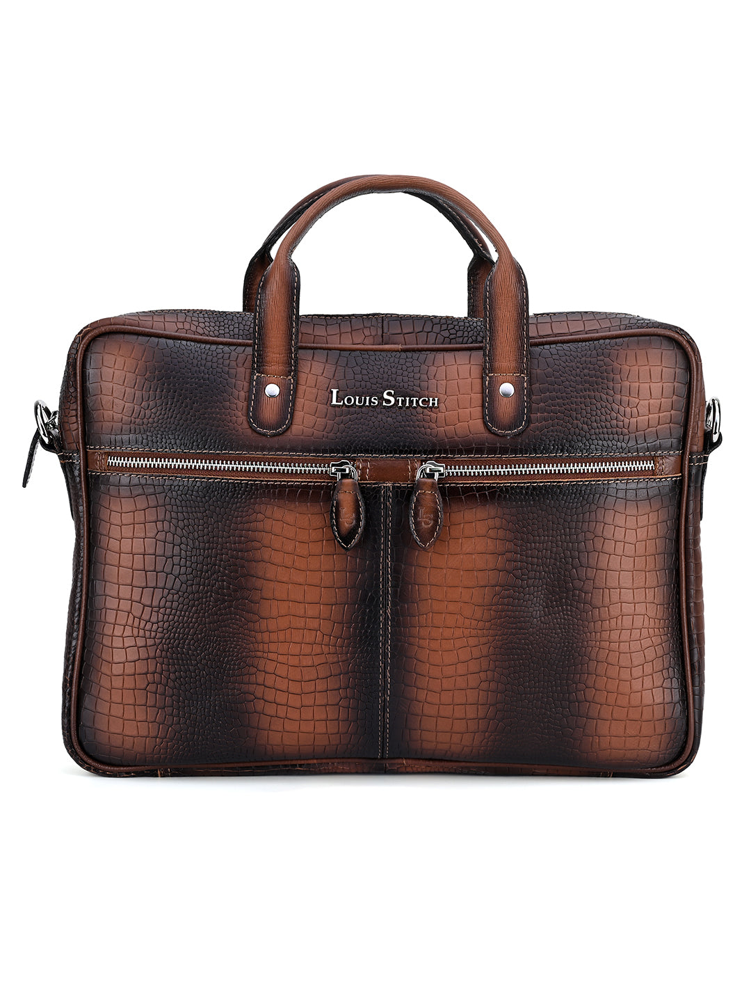 Men's Tan Italian Leather Dual Tone Laptop Bag with Shoulder Strap