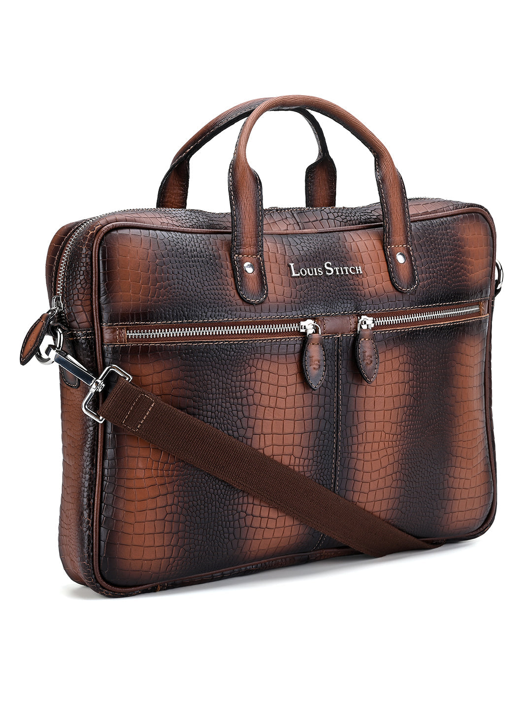 Men's Tan Italian Leather Dual Tone Laptop Bag with Shoulder Strap