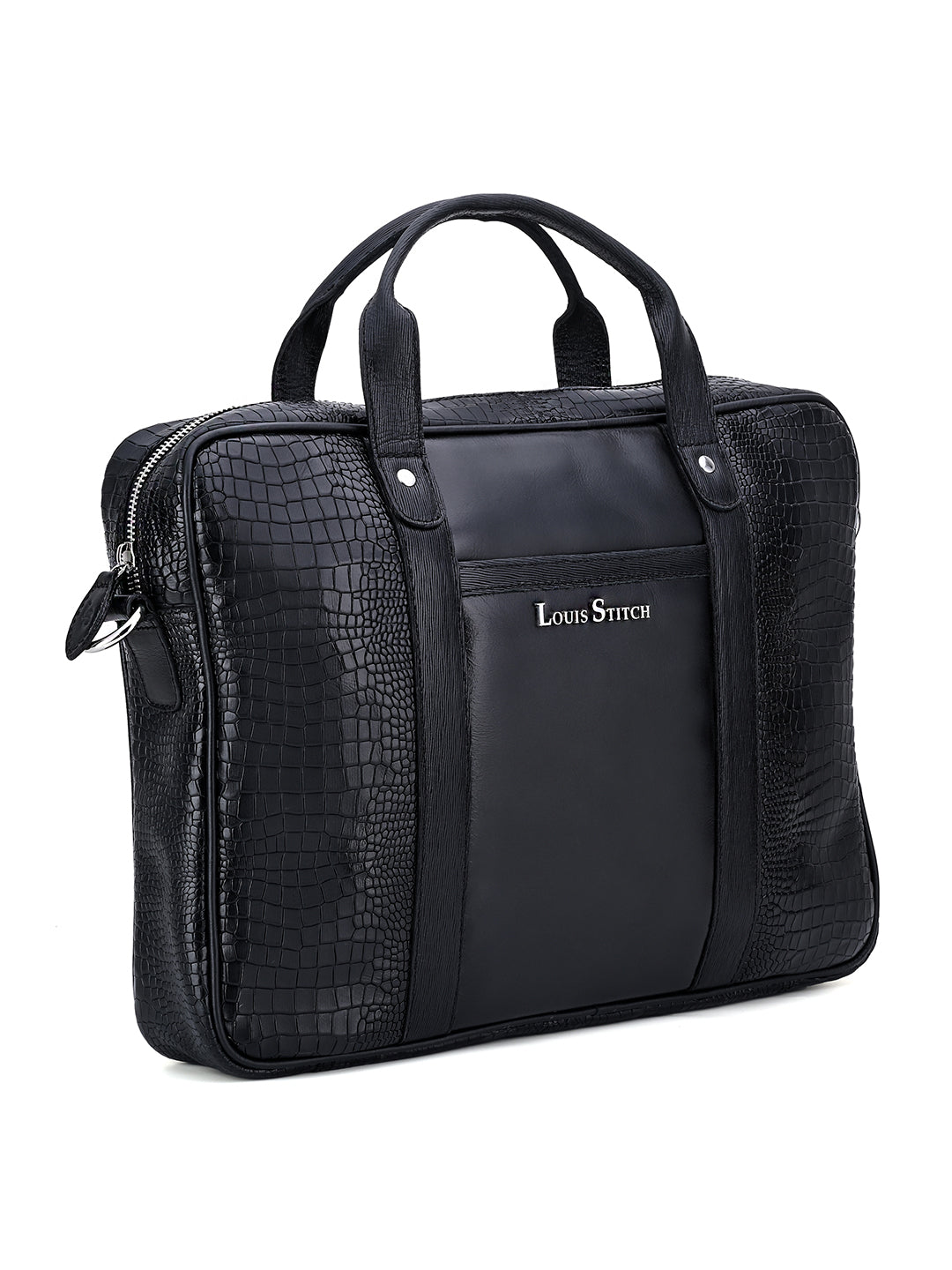 Men's Black Italian Leather Dual Tone Laptop Bag with Shoulder Strap