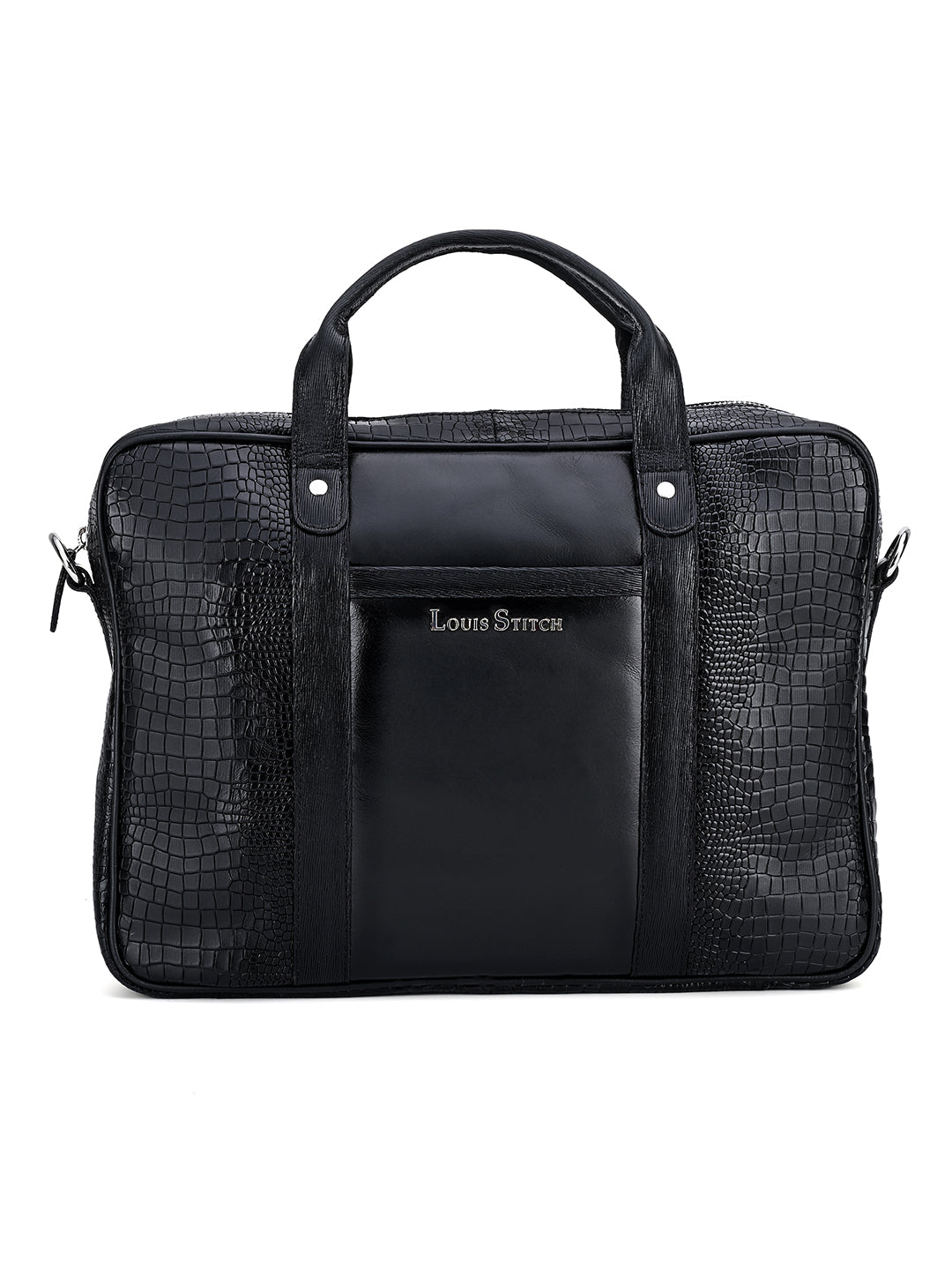 Men's Black Italian Leather Dual Tone Laptop Bag with Shoulder Strap