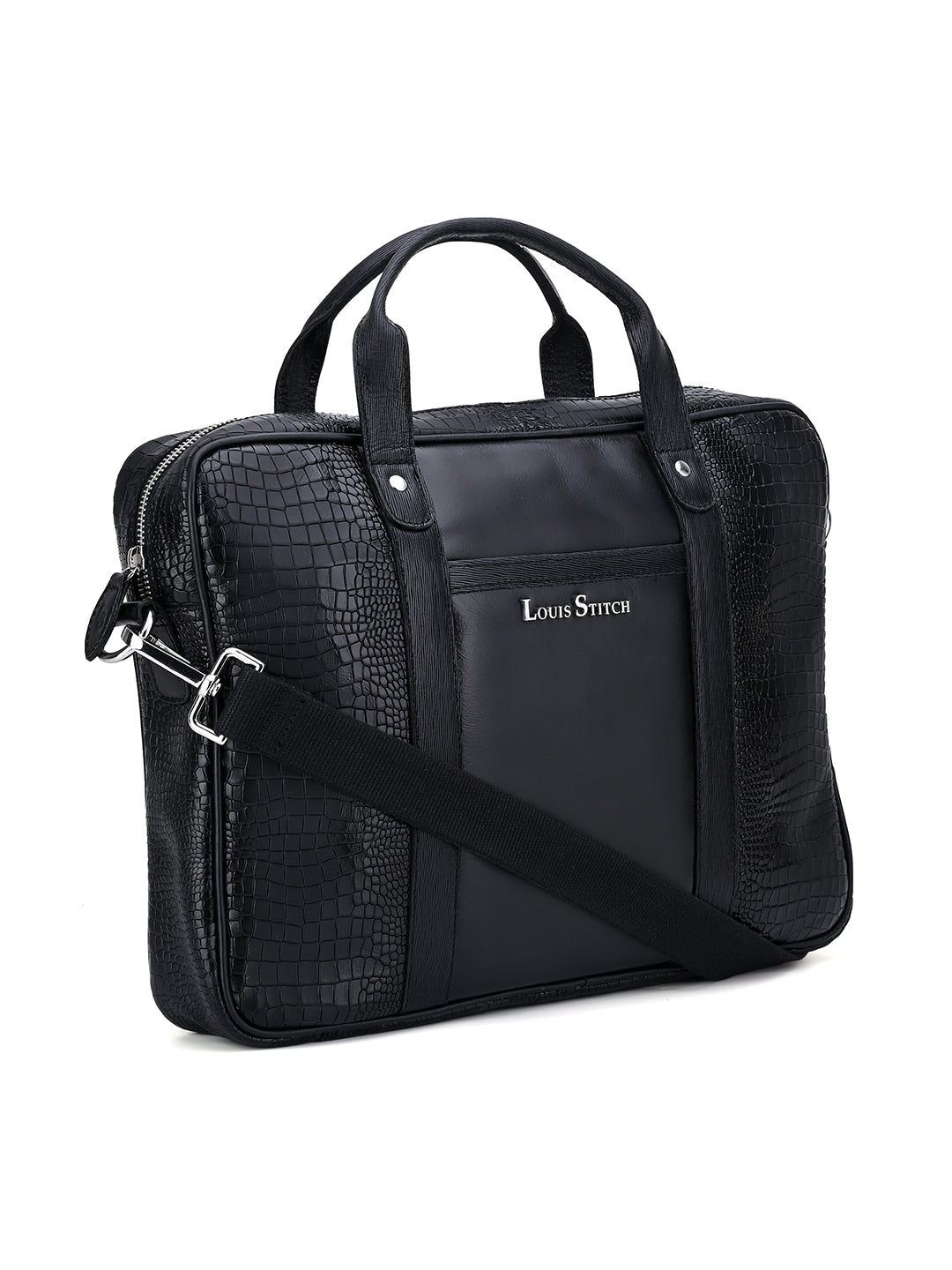 Men's Black Italian Leather Dual Tone Laptop Bag with Shoulder Strap