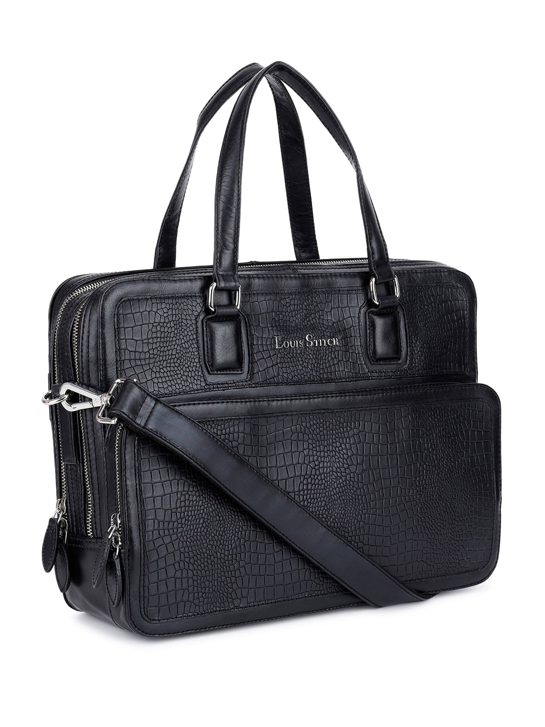 Men's Black Italian Leather Laptop Bag with Shoulder Strap