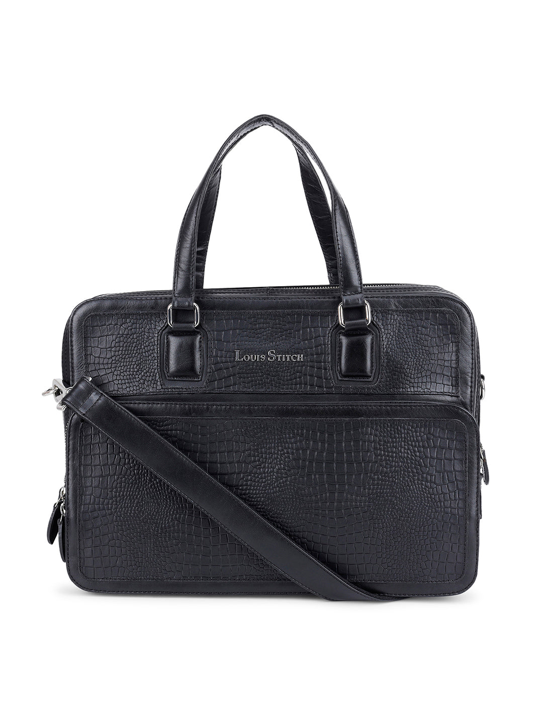 Men's Black Italian Leather Laptop Bag with Shoulder Strap