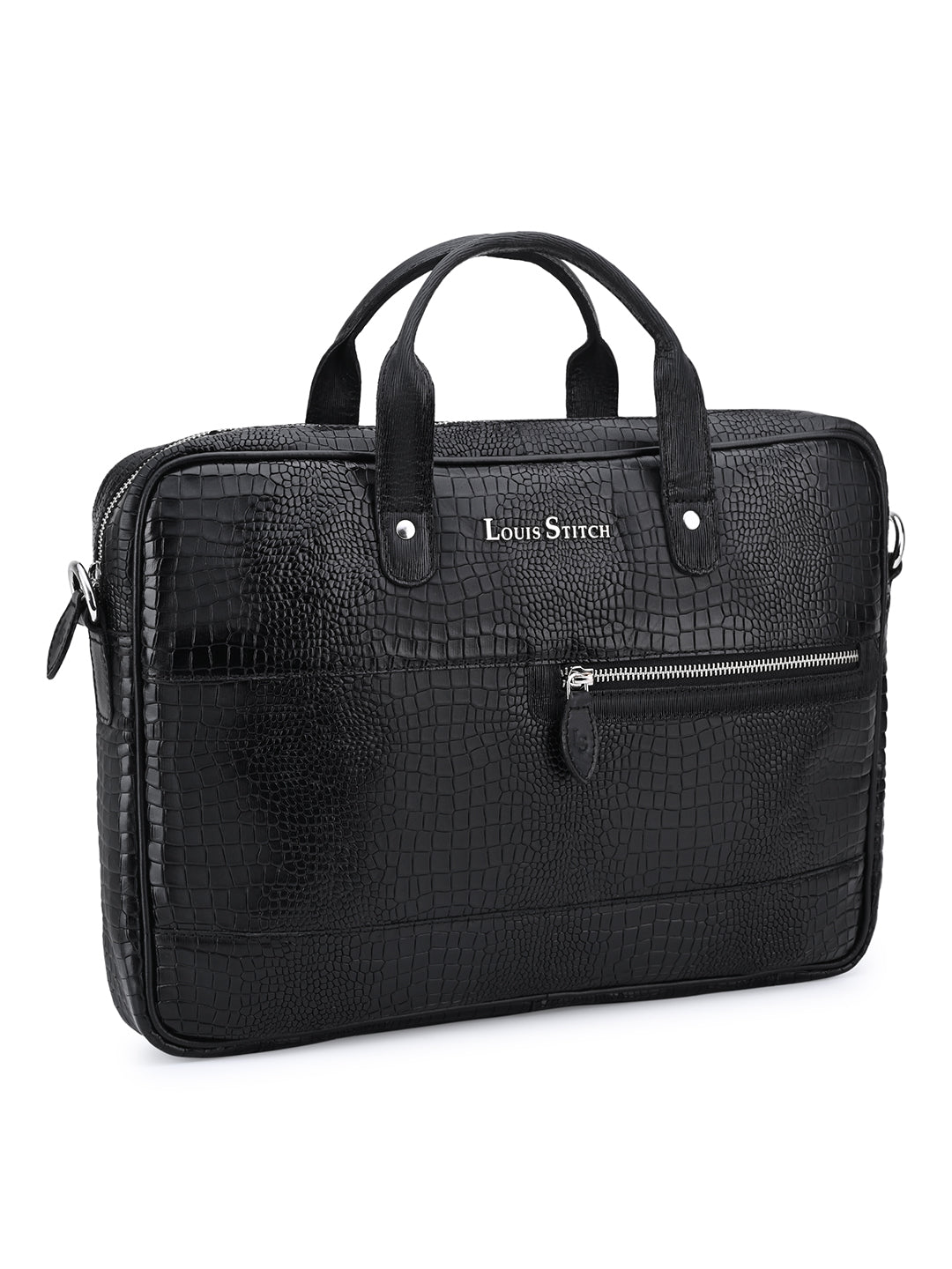 Men's Black Italian Leather Dual Tone Laptop Bag with Shoulder Strap