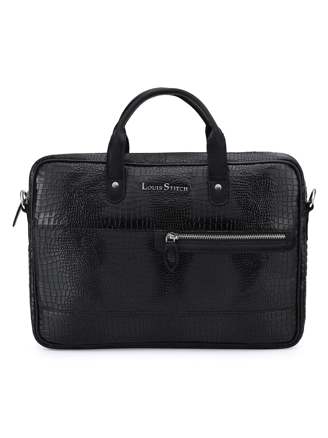 Men's Black Italian Leather Dual Tone Laptop Bag with Shoulder Strap