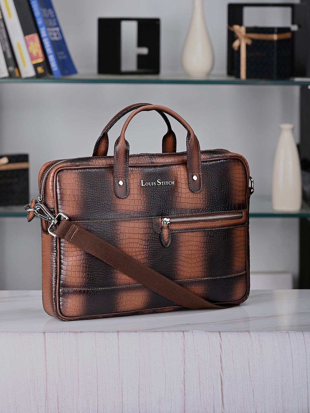 Men's Tan Italian Leather Dual Tone Laptop Bag with Shoulder Strap