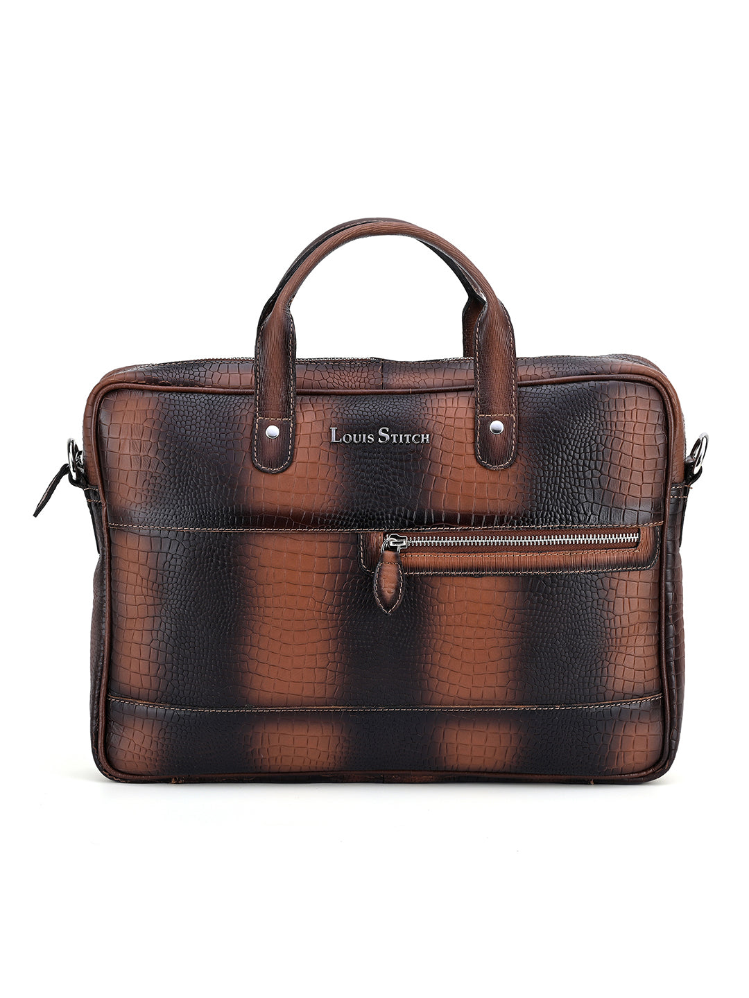 Men's Tan Italian Leather Dual Tone Laptop Bag with Shoulder Strap