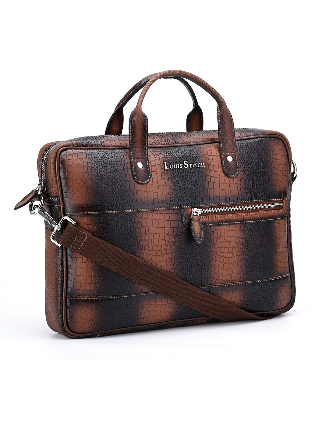 Men's Tan Italian Leather Dual Tone Laptop Bag with Shoulder Strap