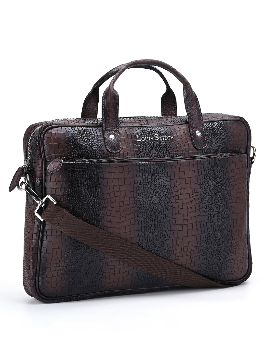 Men's Brown Italian Leather Dual Tone Laptop Bag with Shoulder Strap