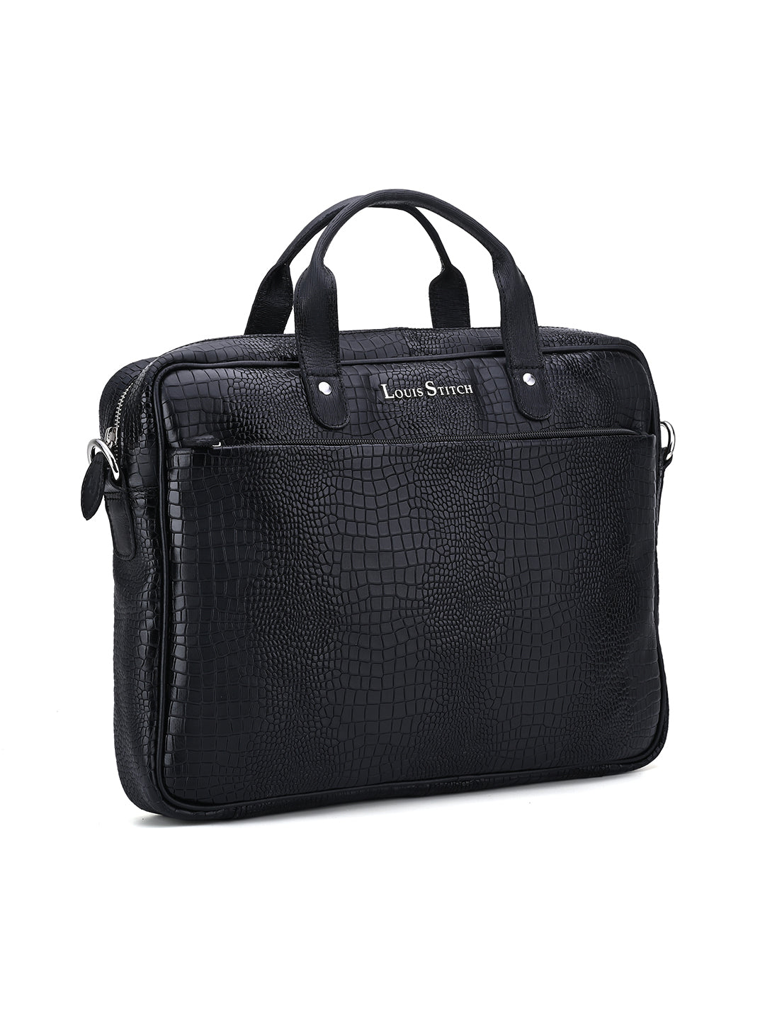 Men's Black Italian Leather Dual Tone Laptop Bag with Shoulder Strap