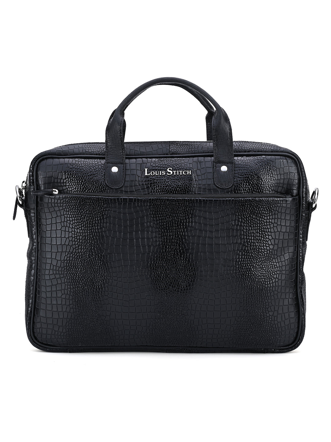 Men's Black Italian Leather Dual Tone Laptop Bag with Shoulder Strap