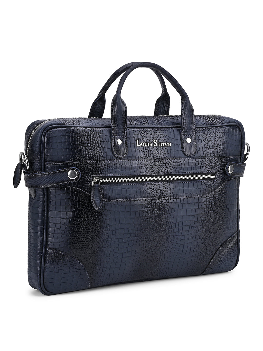 Men's Blue Italian Leather Dual Tone Laptop Bag with Shoulder Strap