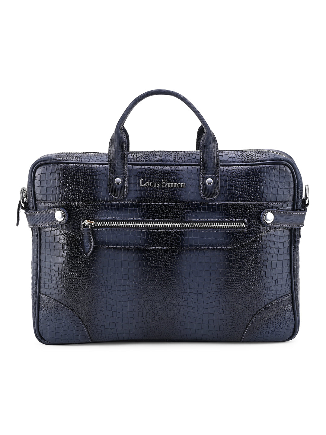 Men's Blue Italian Leather Dual Tone Laptop Bag with Shoulder Strap