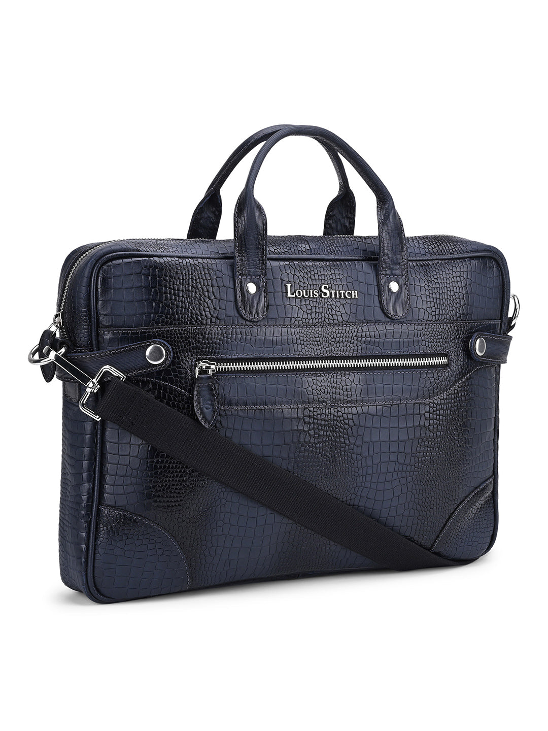 Men's Blue Italian Leather Dual Tone Laptop Bag with Shoulder Strap