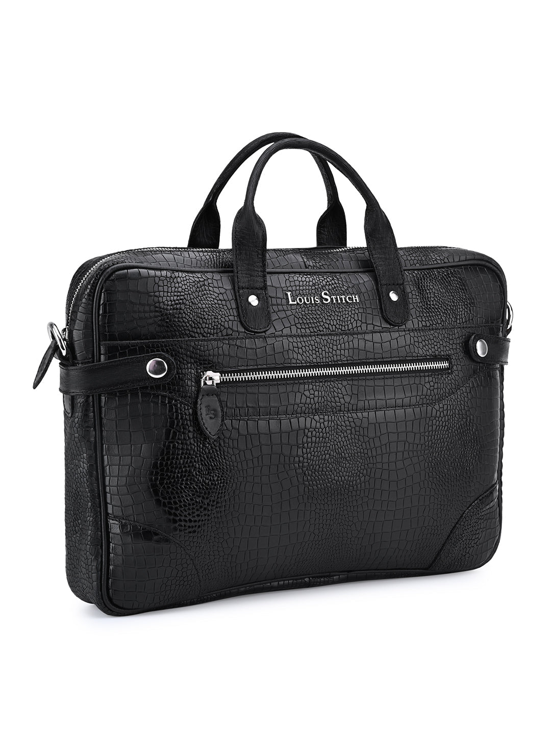 Men's Black Italian Leather Dual Tone Laptop Bag with Shoulder Strap