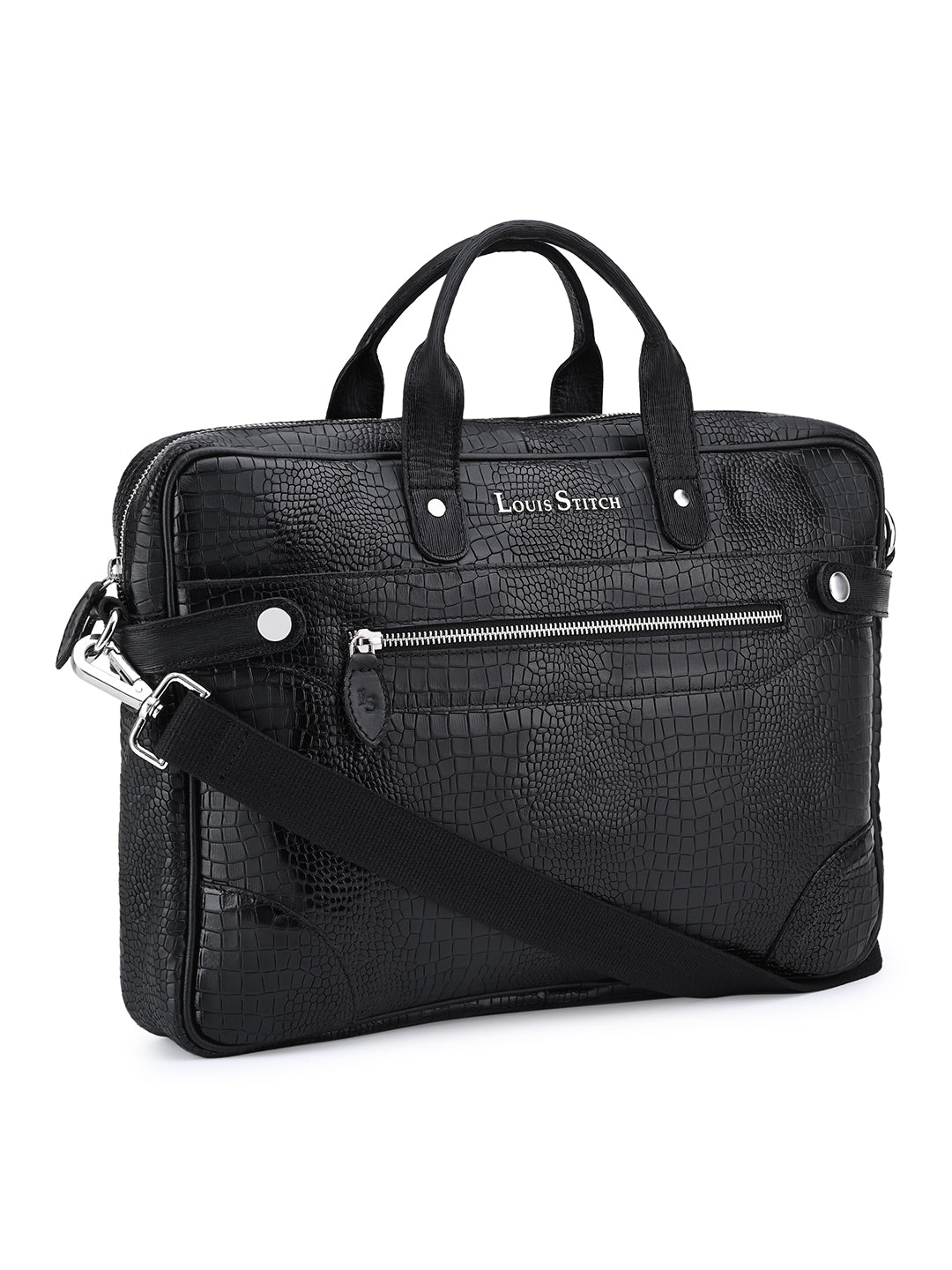 Men's Black Italian Leather Dual Tone Laptop Bag with Shoulder Strap