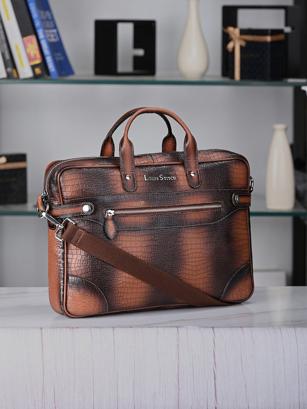 Men's Tan Italian Leather Dual Tone Laptop Bag with Shoulder Strap