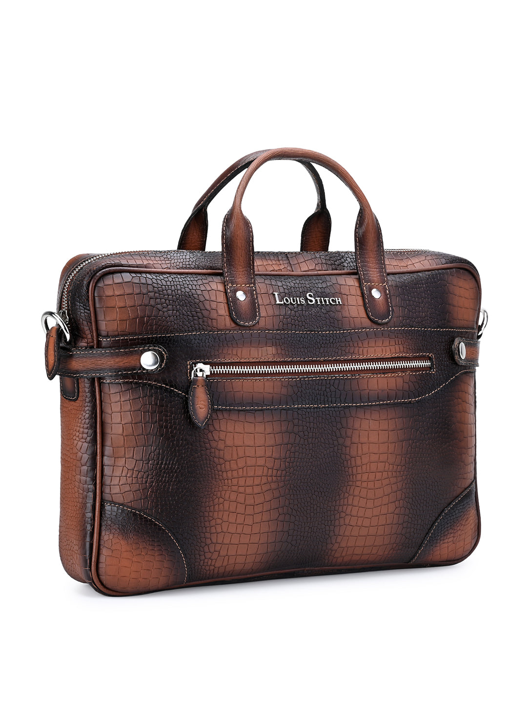 Men's Tan Italian Leather Dual Tone Laptop Bag with Shoulder Strap