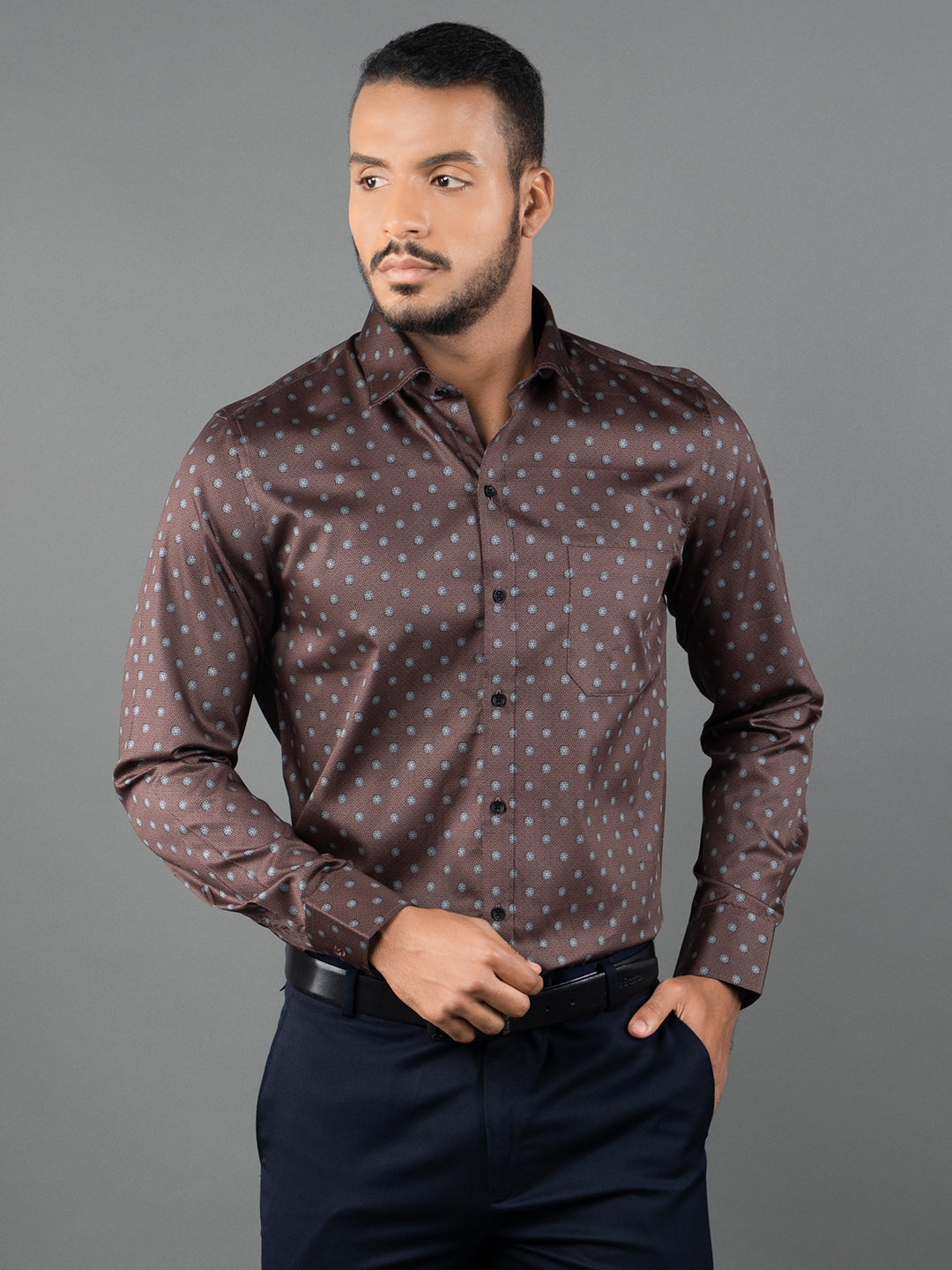 Men's Regular Fit Floral Brown Formal Shirt