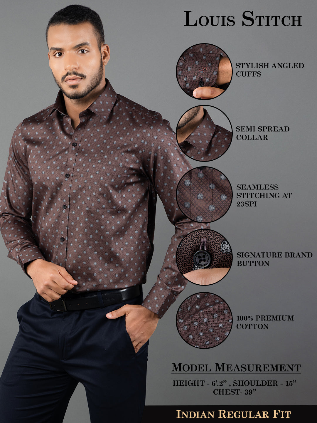 Men's Regular Fit Floral Brown Formal Shirt