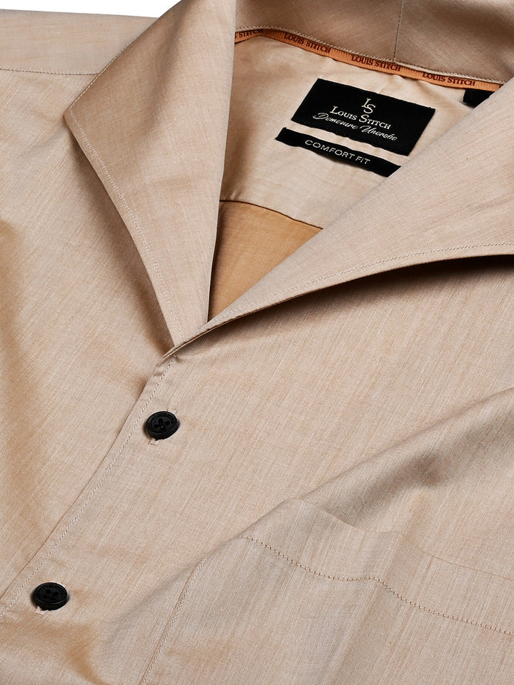 Men's Regular Fit Solid Beige Formal Shirt