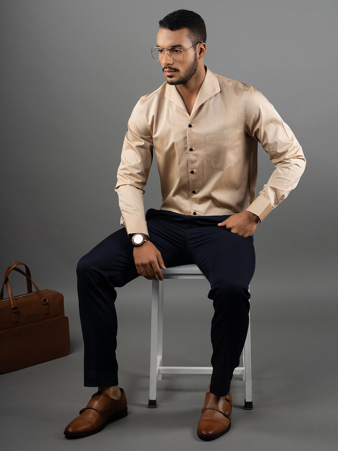 Men's Regular Fit Solid Beige Formal Shirt