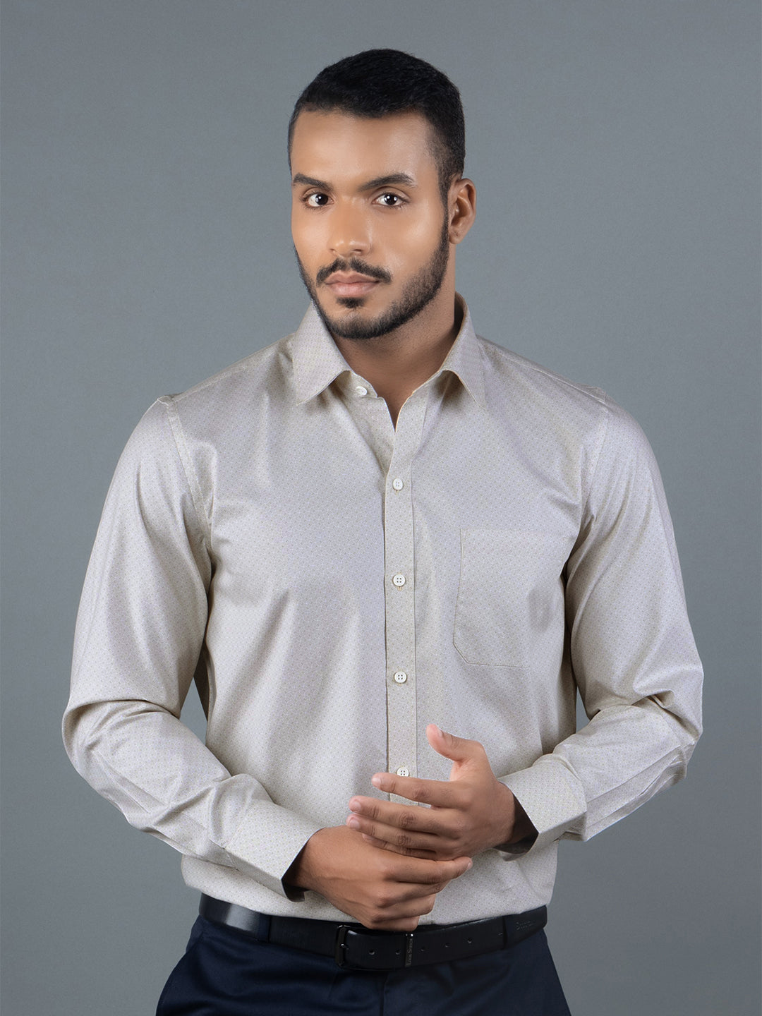 Men's Regular Fit Geometric Beige Formal Shirt