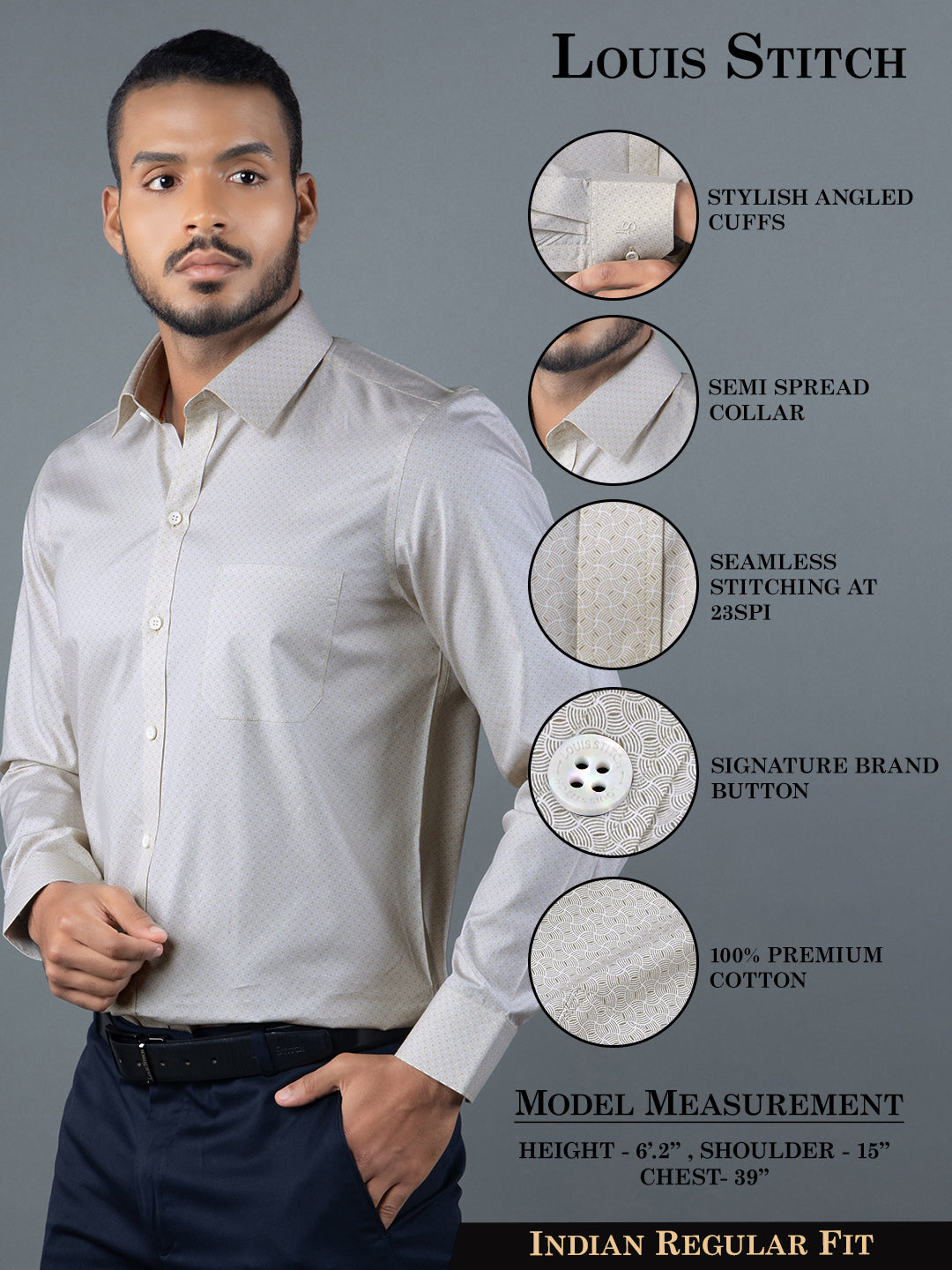 Men's Regular Fit Geometric Beige Formal Shirt