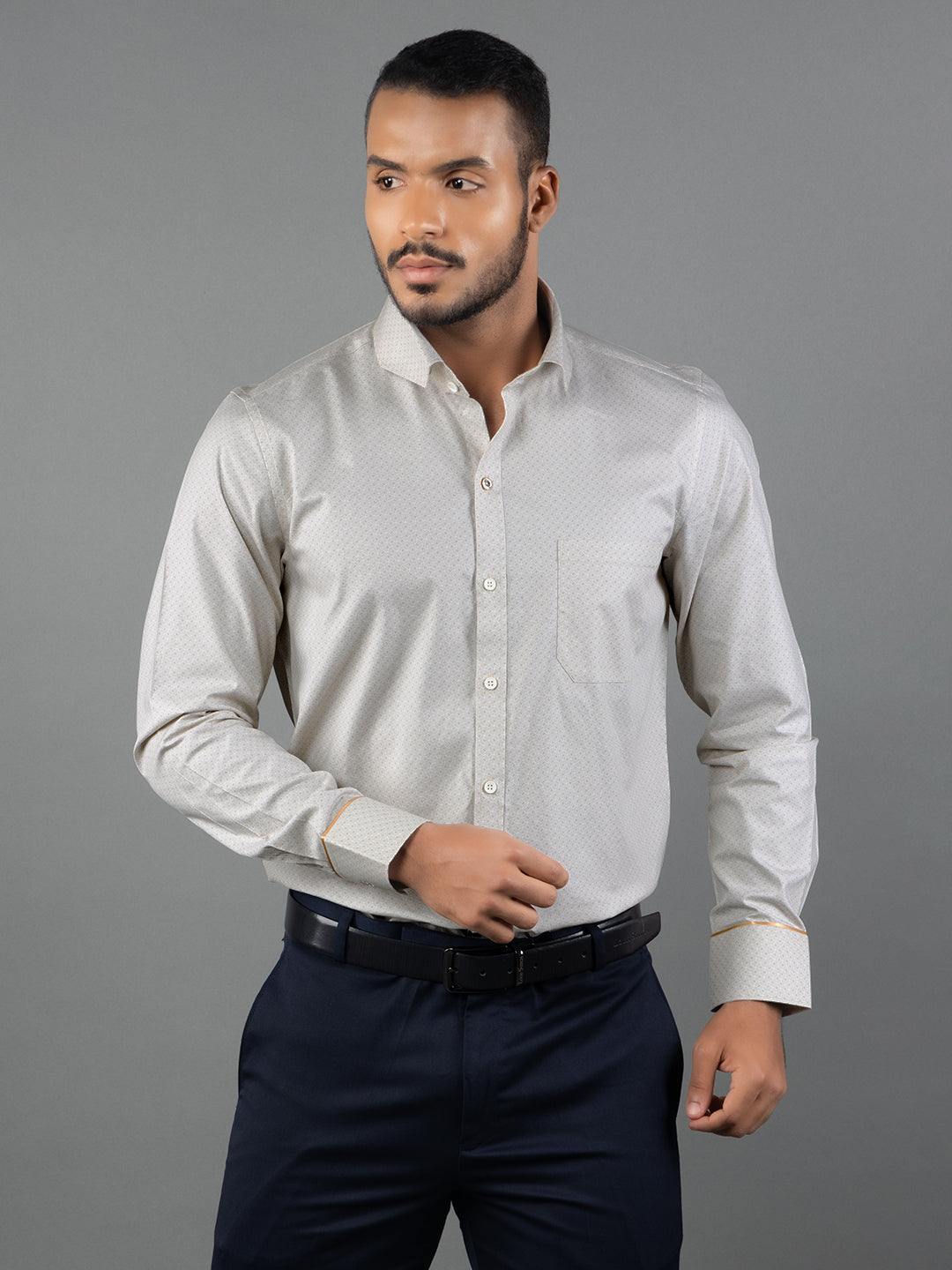 Men's Regular Fit Geometric Beige Formal Shirt