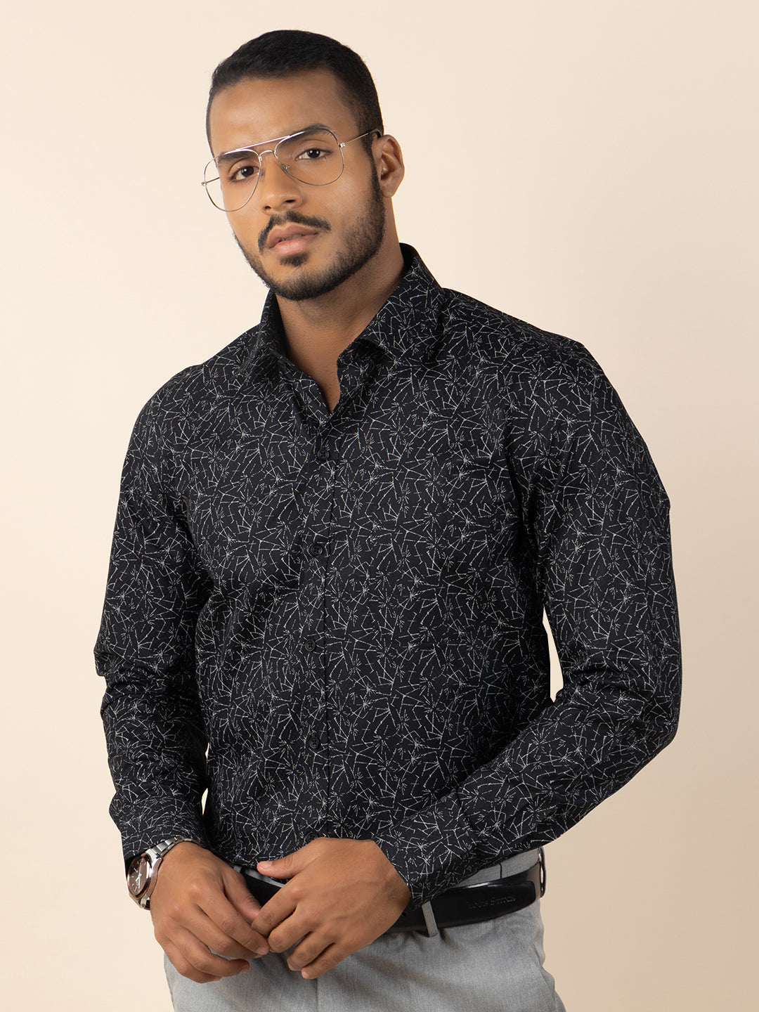 Men's Regular Fit Abstract Black Formal Shirt