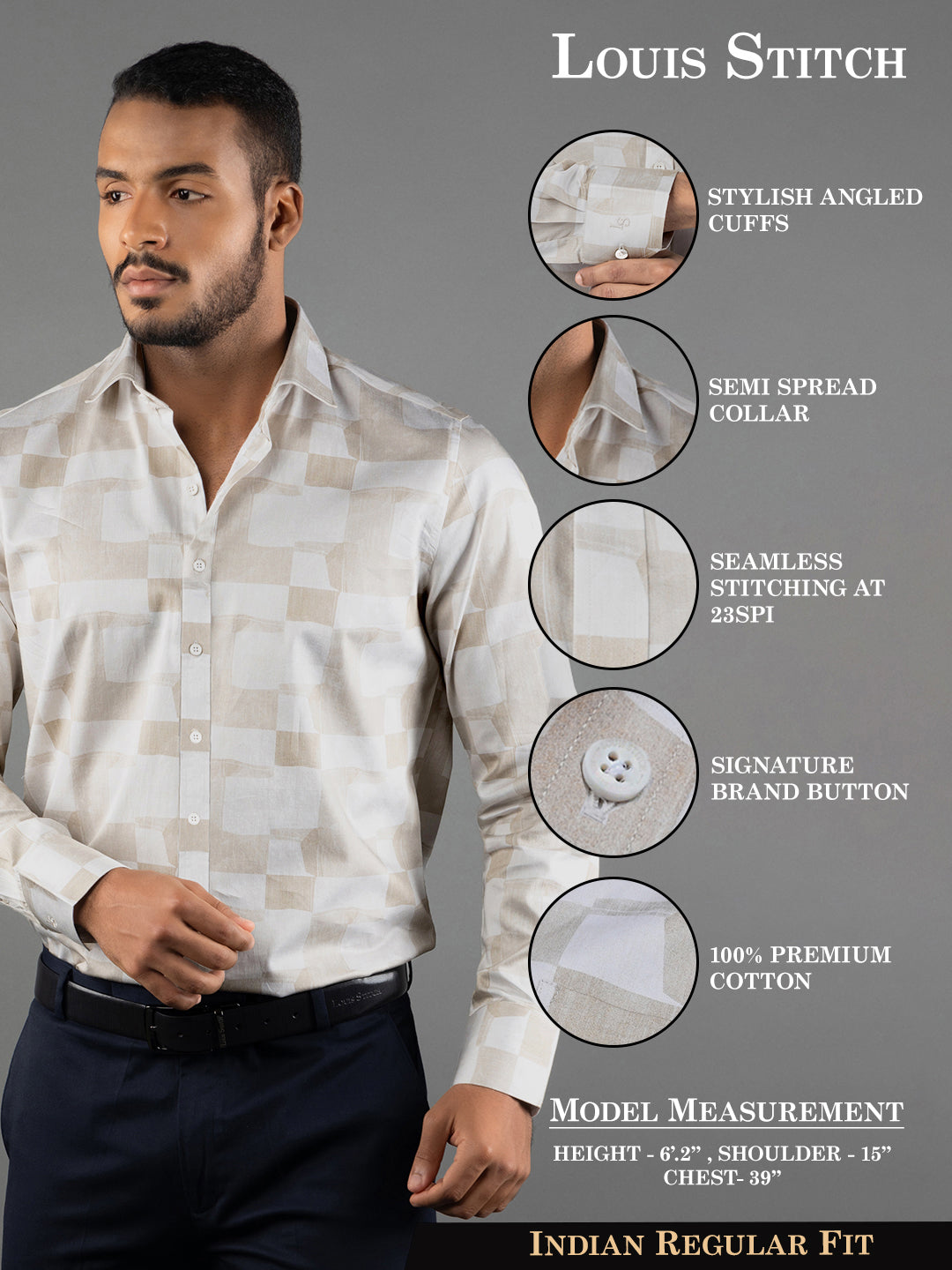 Men's Regular Fit Abstract Beige Formal Shirt