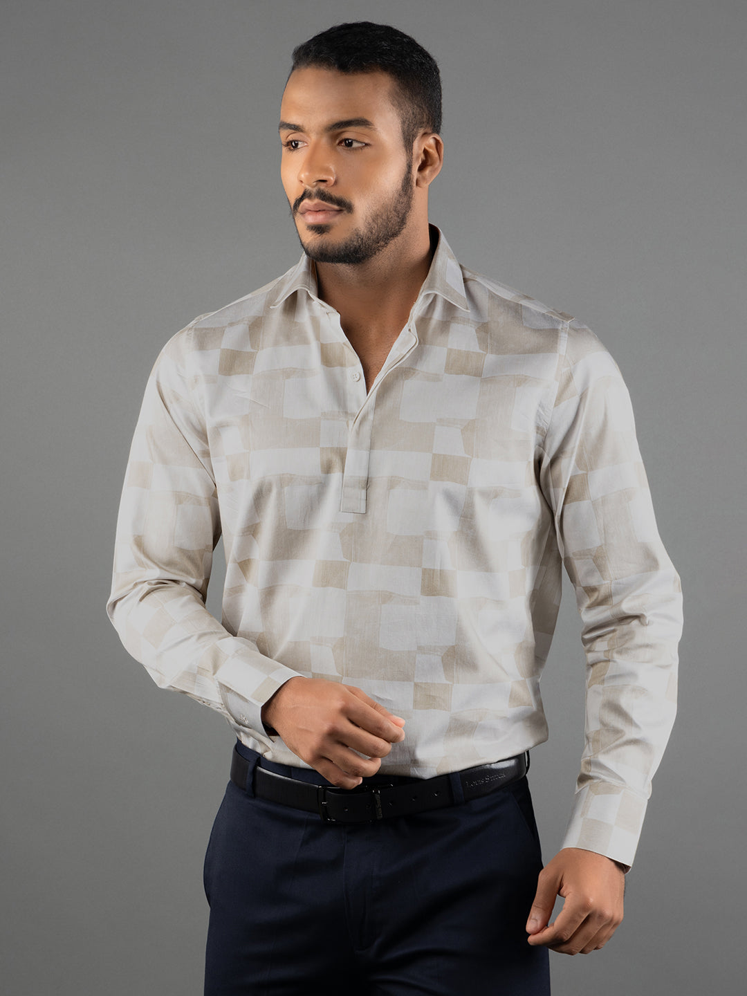 Men's Regular Fit Abstract Beige Formal Shirt