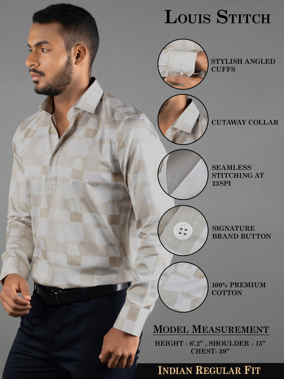 Men's Regular Fit Abstract Beige Formal Shirt